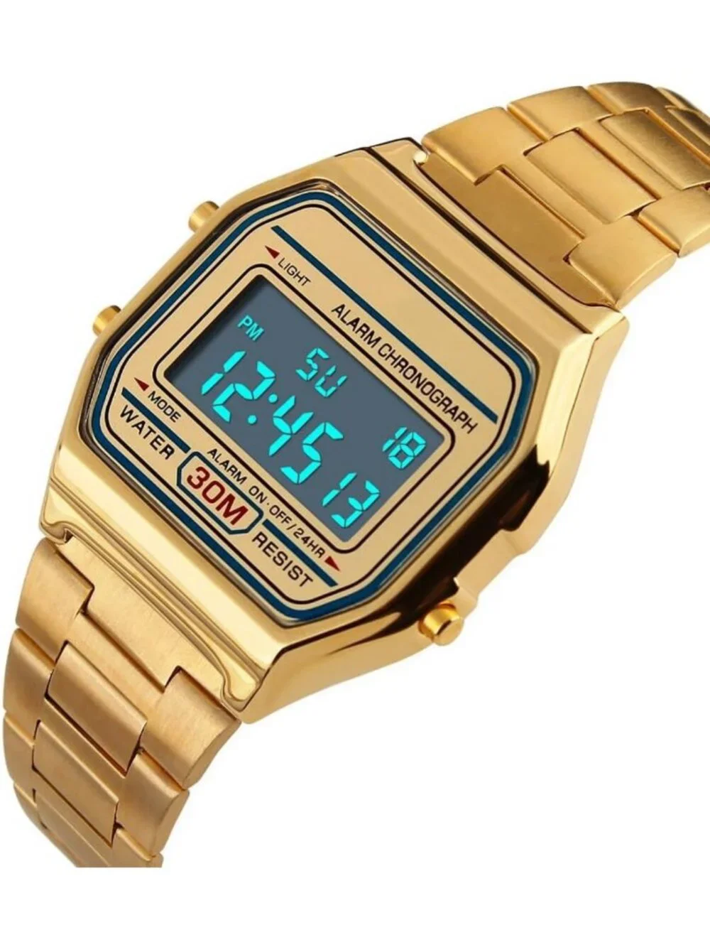 Stylish Men's Digital Gold Stainless Steel Watch - Waterproof, LED Display
